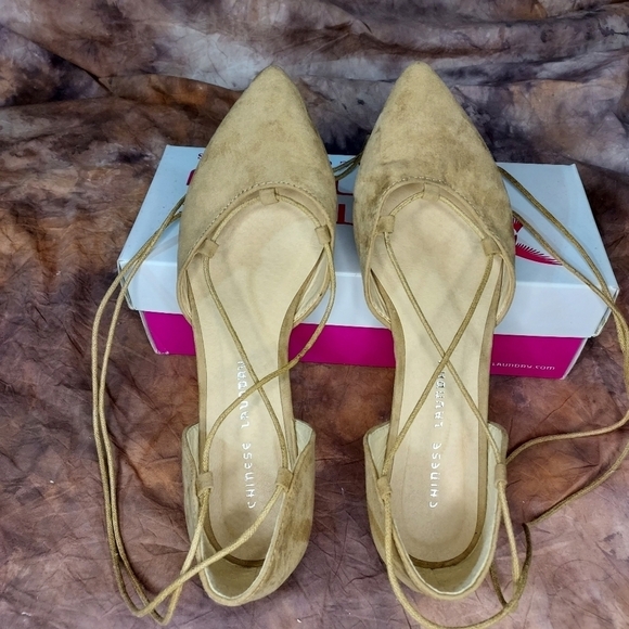 Chinese Laundry ballet flats lace up faux microsuede camel tan brown 10 - Picture 3 of 9